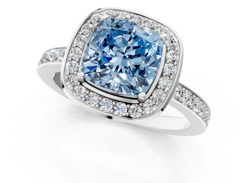 White gold Fancy Blue Cushion Cut Diamond Halo Ring with Bezel Frame and Pavé Band_1
