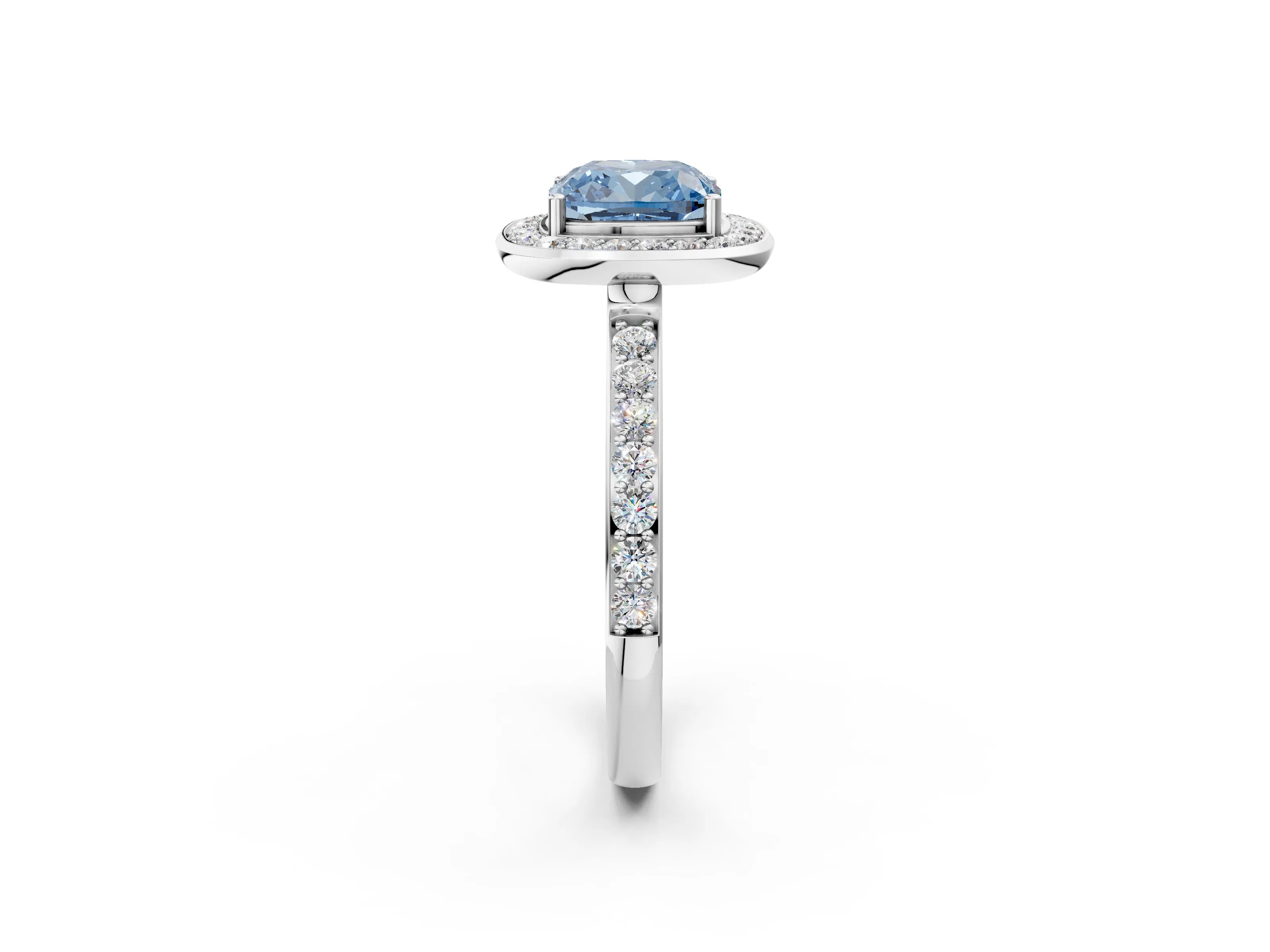 White gold Fancy Blue Cushion Cut Diamond Halo Ring with Bezel Frame and Pavé Band_2