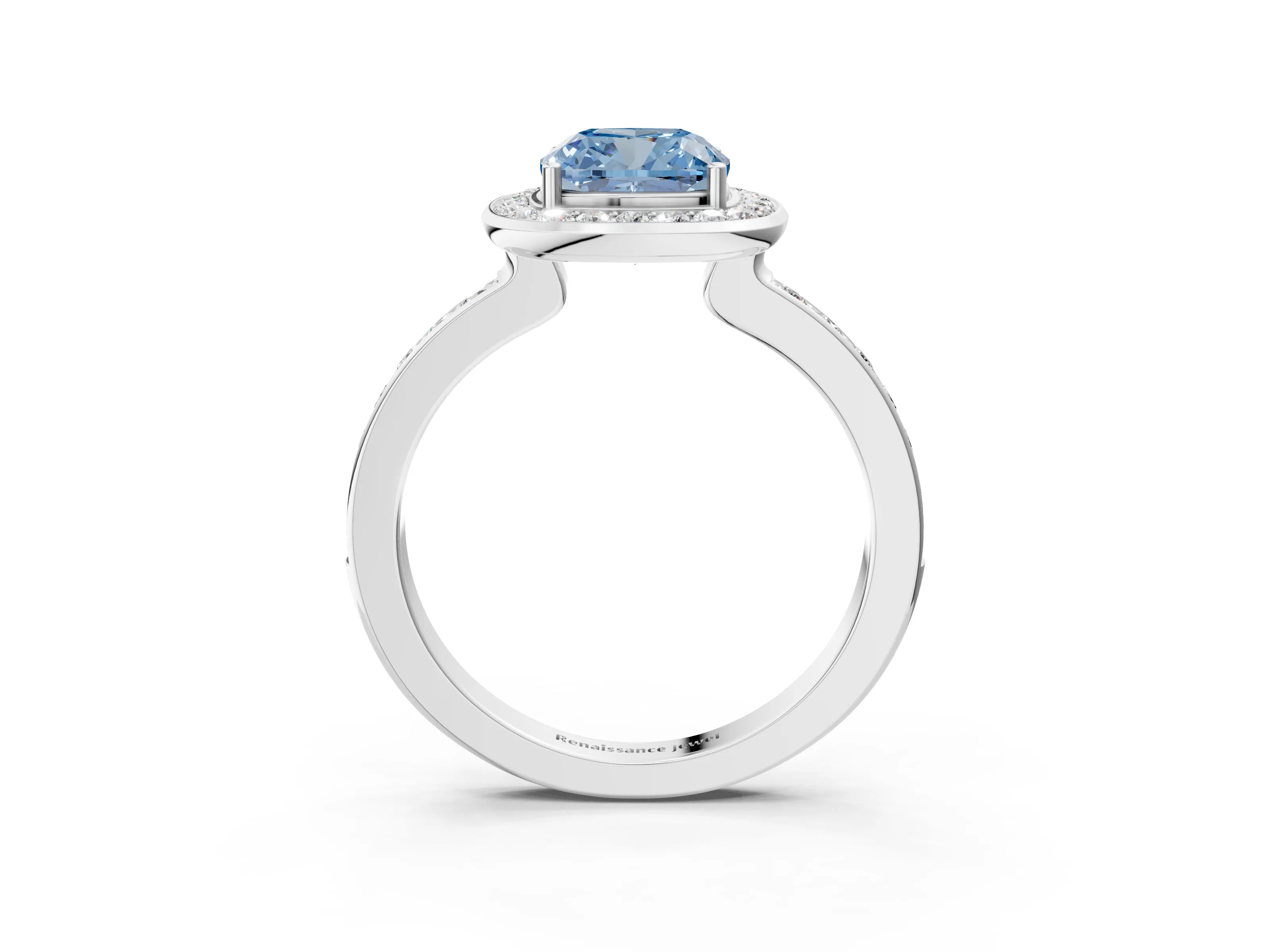 White gold Fancy Blue Cushion Cut Diamond Halo Ring with Bezel Frame and Pavé Band_3
