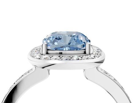 White gold Fancy Blue Cushion Cut Diamond Halo Ring with Bezel Frame and Pavé Band_4