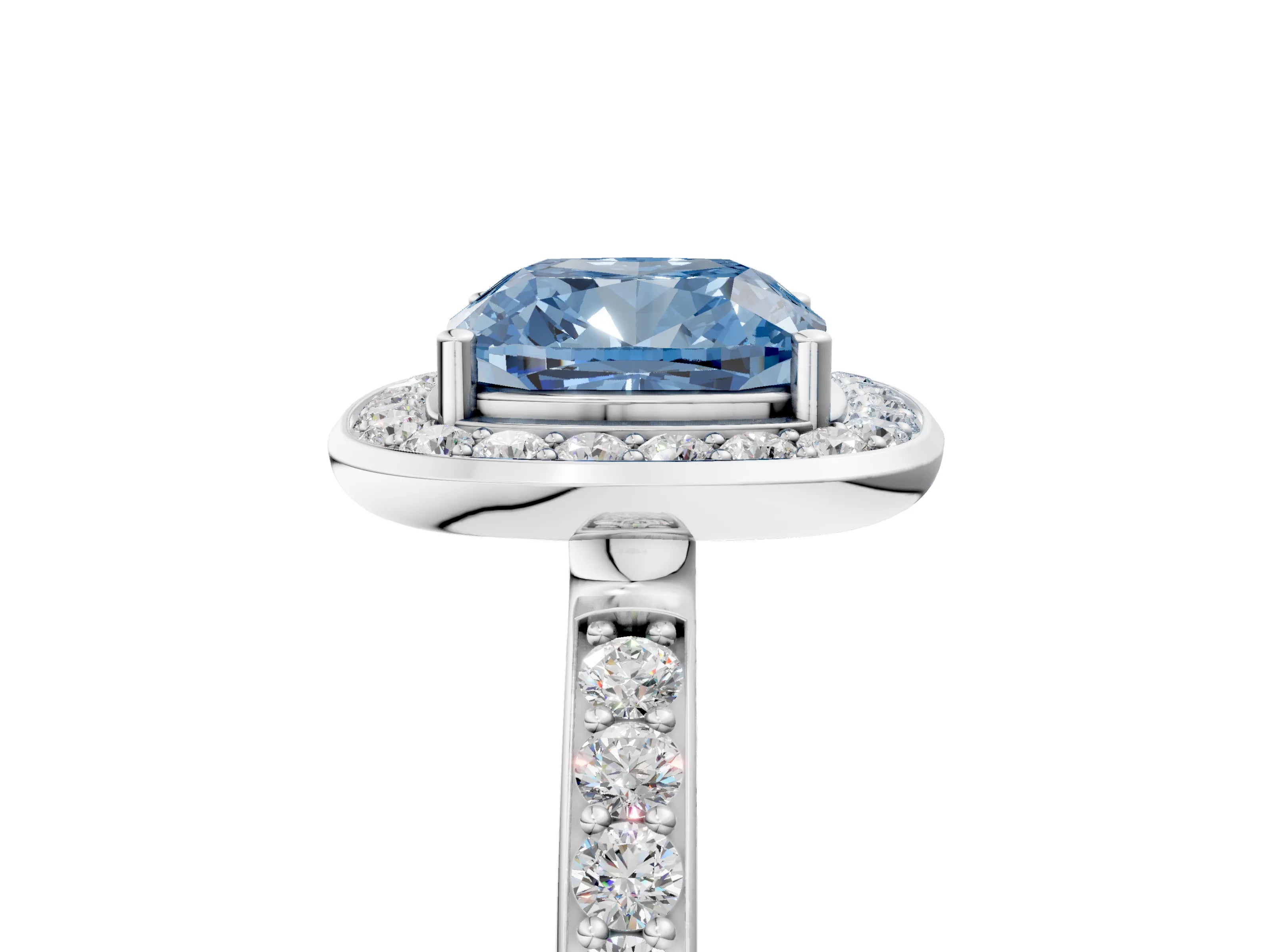 White gold Fancy Blue Cushion Cut Diamond Halo Ring with Bezel Frame and Pavé Band_5