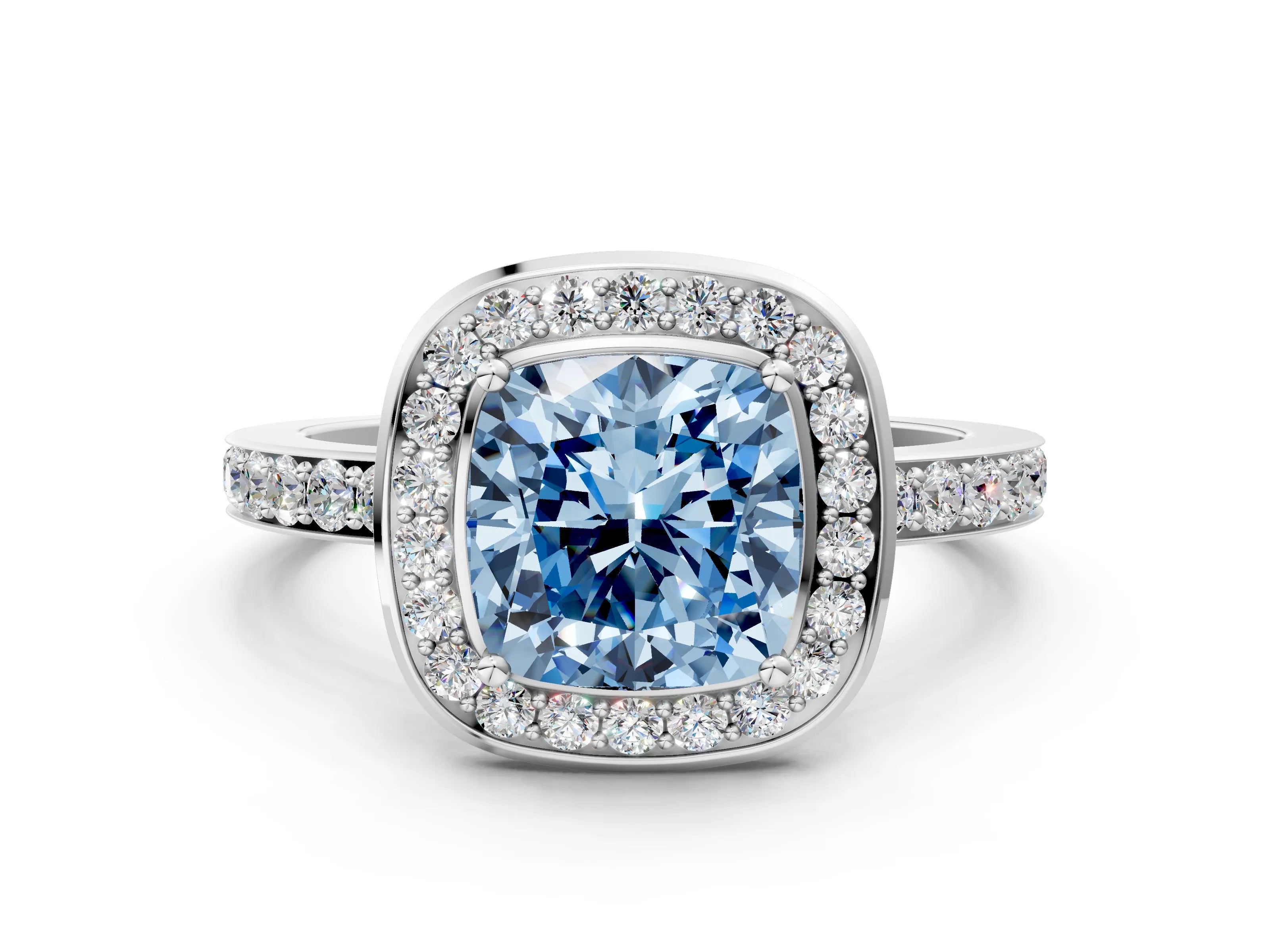 White gold Fancy Blue Cushion Cut Diamond Halo Ring with Bezel Frame and Pavé Band