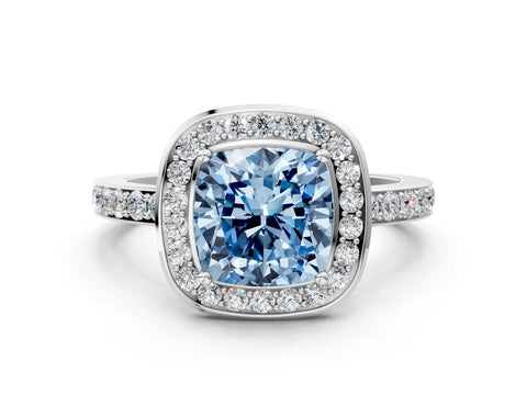 White gold Fancy Blue Cushion Cut Diamond Halo Ring with Bezel Frame and Pavé Band