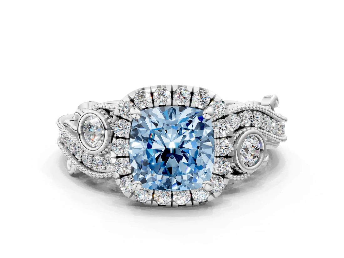 White gold Fancy Blue Cushion Cut Diamond Halo Ring with Milgrain Pavé Band and Four-Prong Setting_66