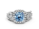 White gold Fancy Blue Cushion Cut Diamond Halo Ring with Milgrain Pavé Band and Four-Prong Setting_66