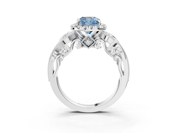 White gold Fancy Blue Cushion Cut Diamond Halo Ring with Milgrain Pavé Band and Four-Prong Setting