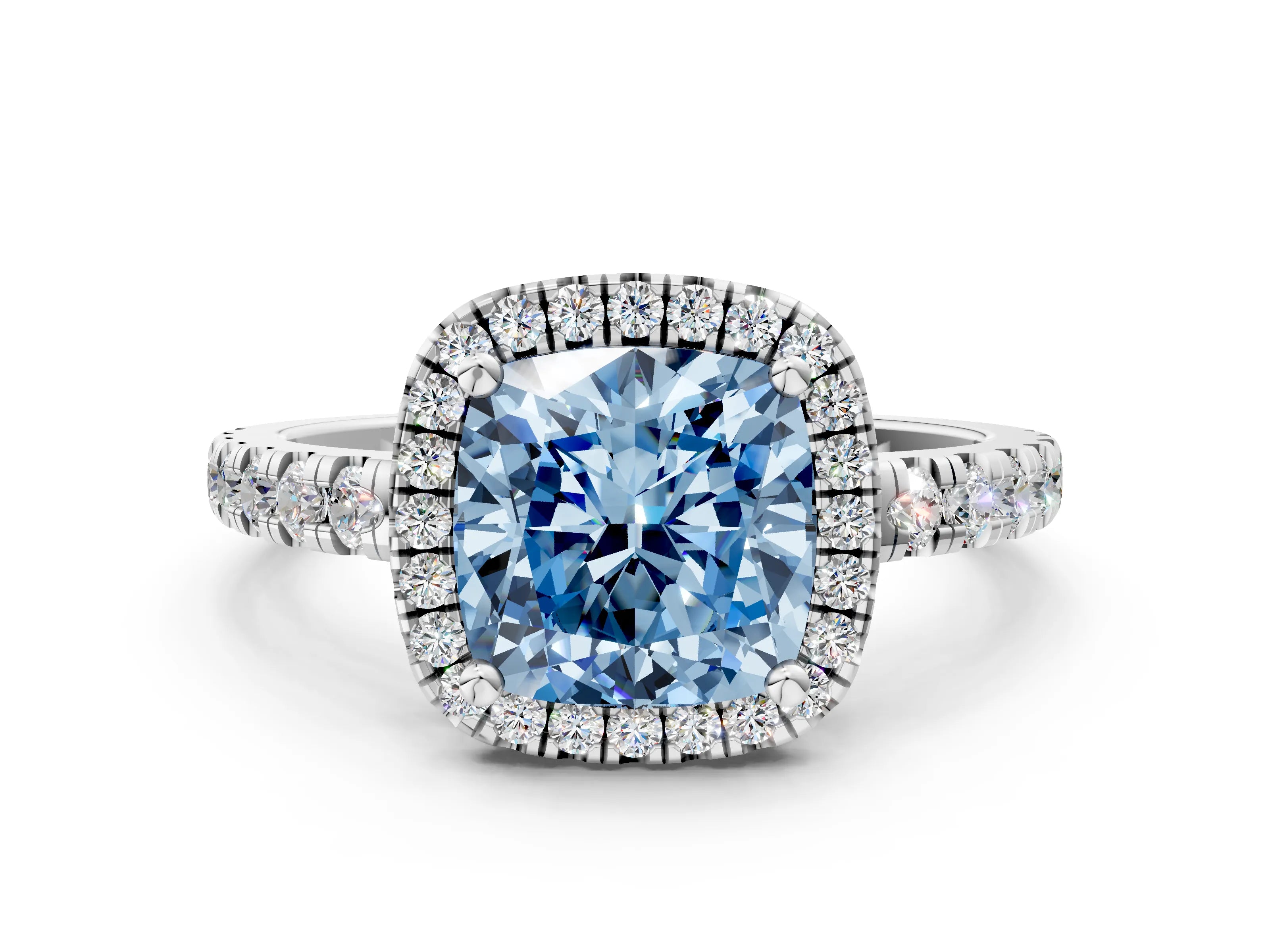 White gold Fancy Blue Cushion Cut Diamond Halo Ring with Pavé Band and Four-Prong Setting_12