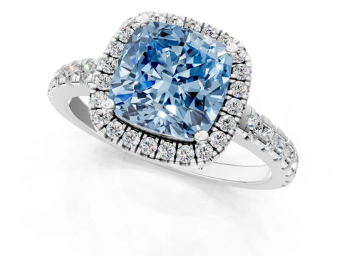 White gold Fancy Blue Cushion Cut Diamond Halo Ring with Pavé Band and Four-Prong Setting_13