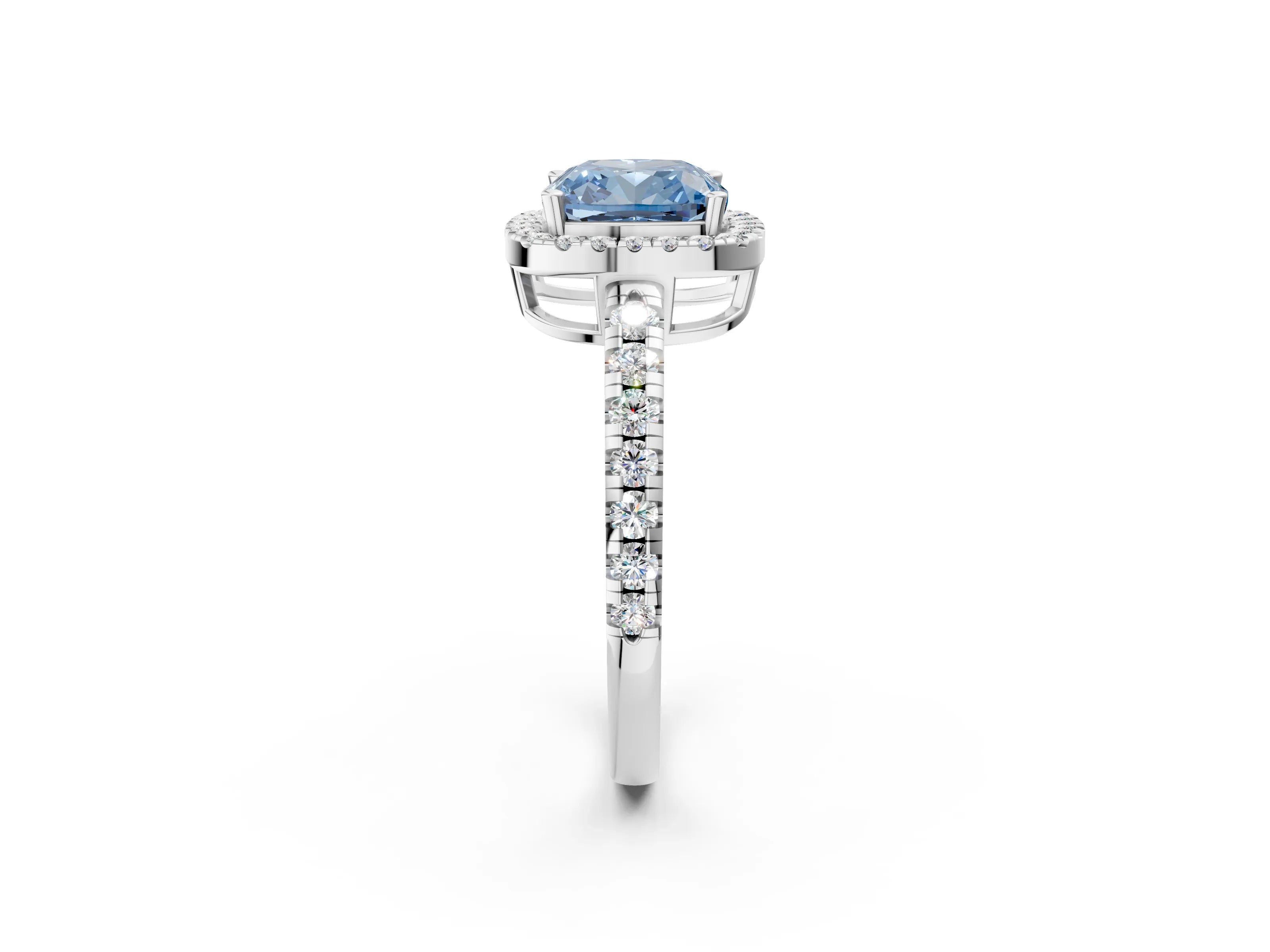 White gold Fancy Blue Cushion Cut Diamond Halo Ring with Pavé Band and Four-Prong Setting_14