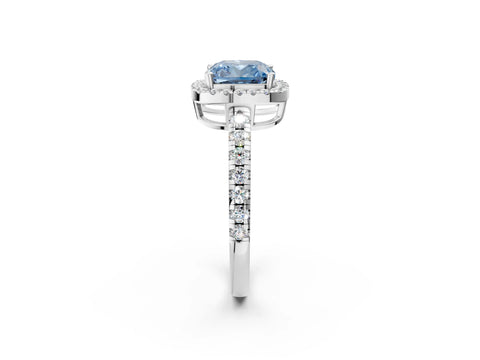White gold Fancy Blue Cushion Cut Diamond Halo Ring with Pavé Band and Four-Prong Setting_14