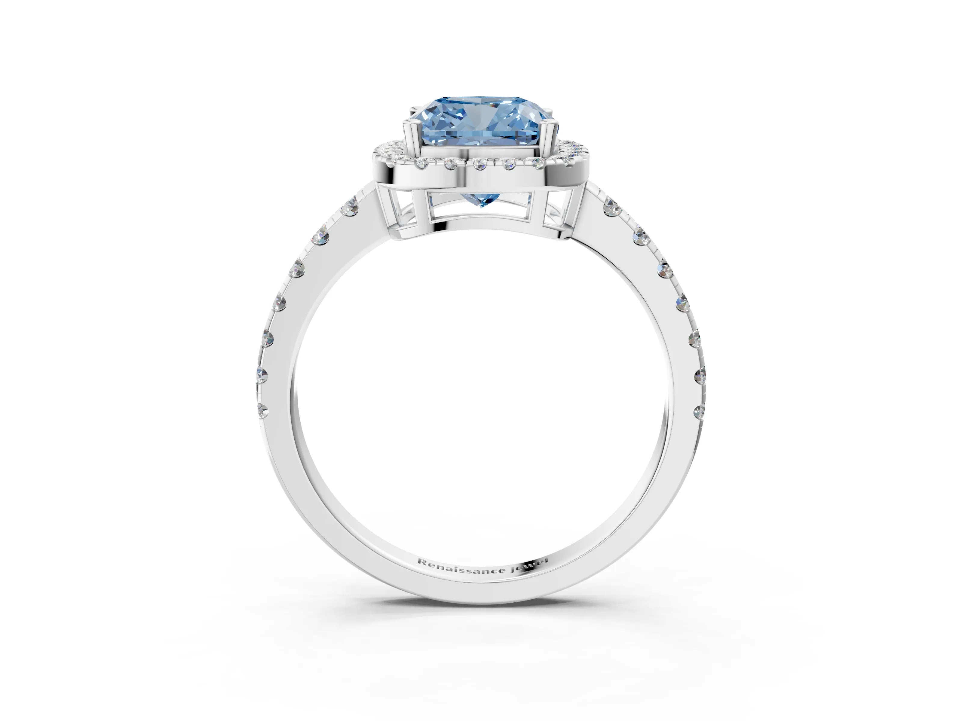 White gold Fancy Blue Cushion Cut Diamond Halo Ring with Pavé Band and Four-Prong Setting_15