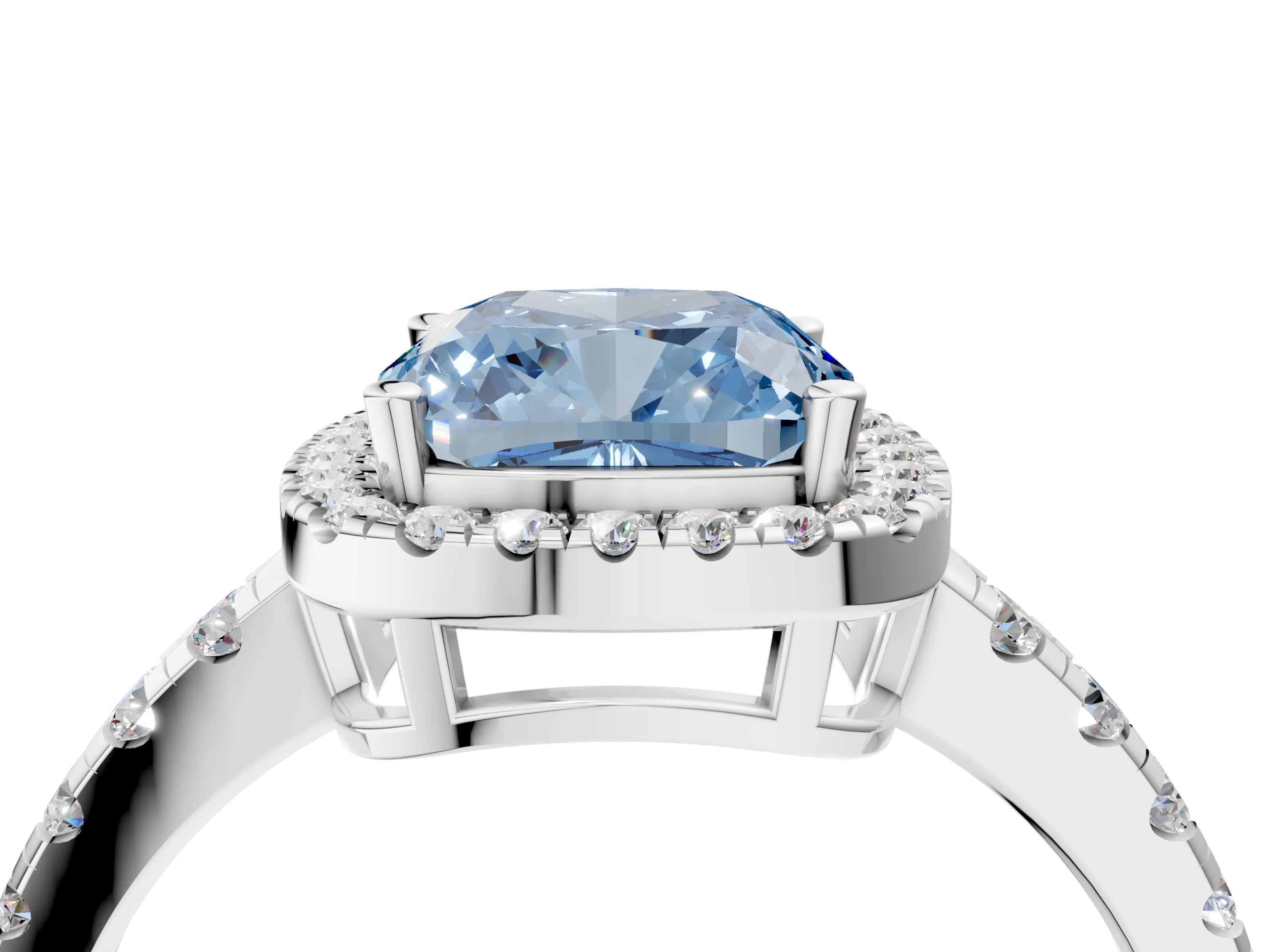 White gold Fancy Blue Cushion Cut Diamond Halo Ring with Pavé Band and Four-Prong Setting_16