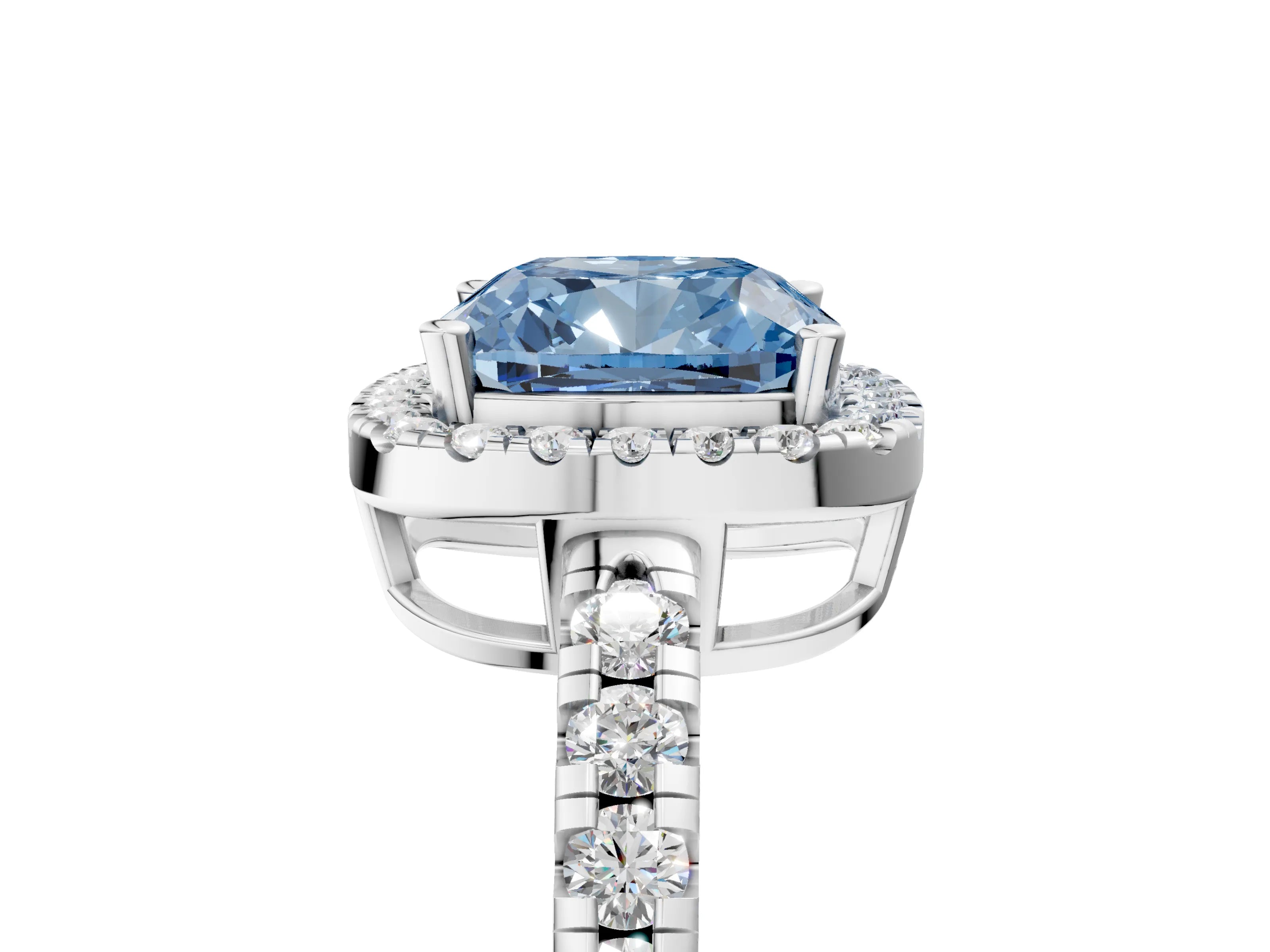 White gold Fancy Blue Cushion Cut Diamond Halo Ring with Pavé Band and Four-Prong Setting_17