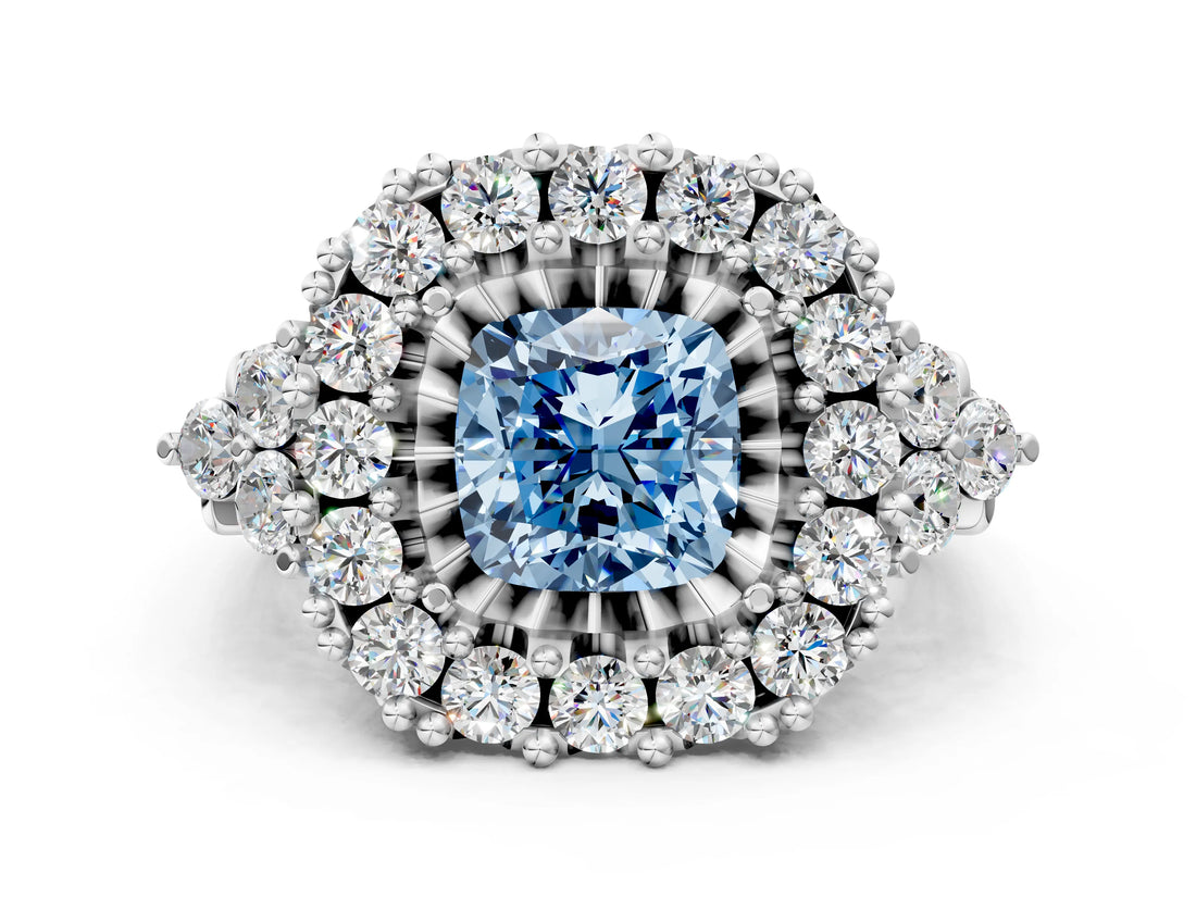 White gold Fancy Blue Cushion Cut Diamond Halo Ring with Pavé Band and Four-Prong Setting_53