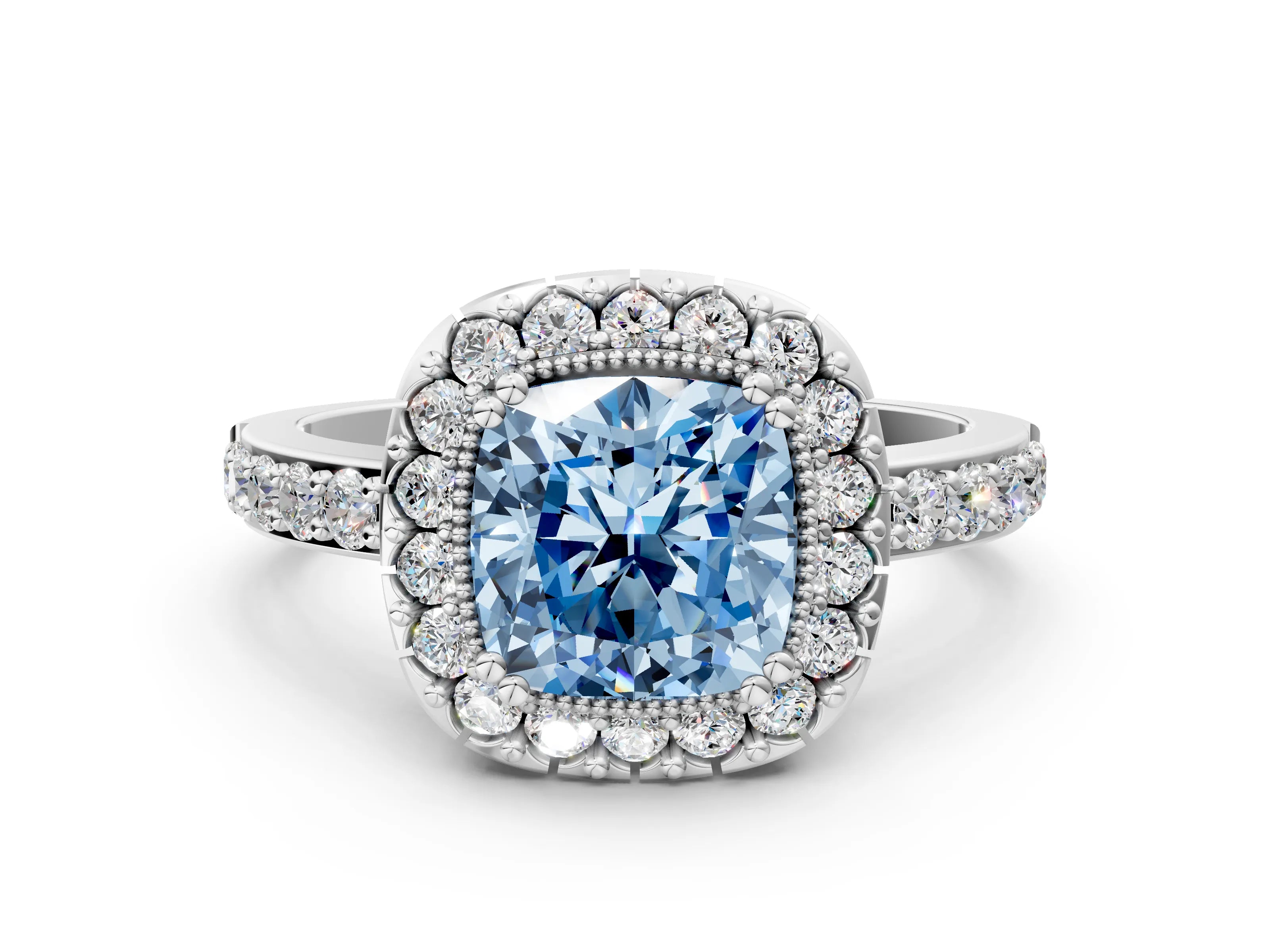 White gold Fancy Blue Cushion Cut Diamond Halo Ring with Pavé Band and Prong Setting_12