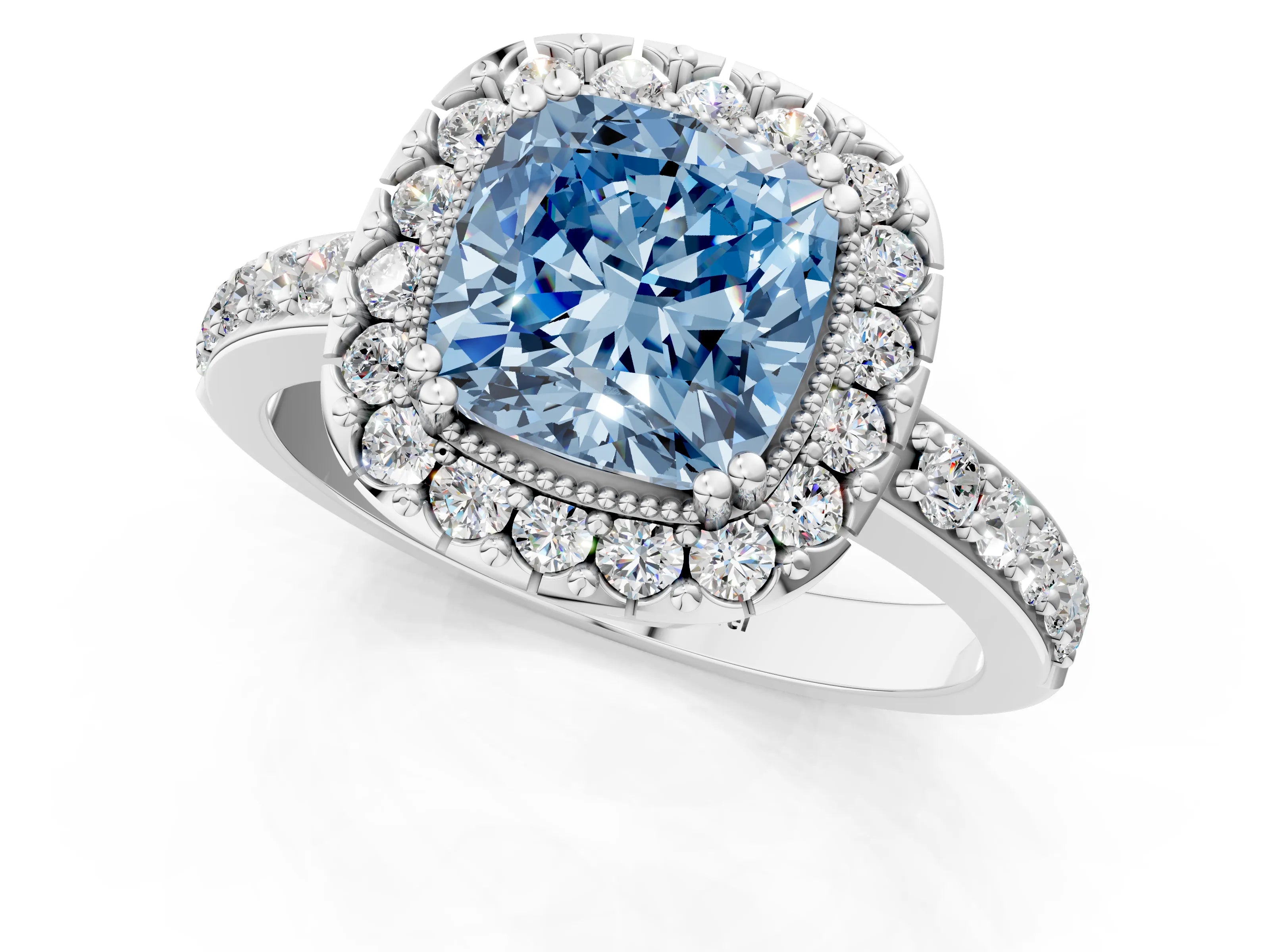 White gold Fancy Blue Cushion Cut Diamond Halo Ring with Pavé Band and Prong Setting_13