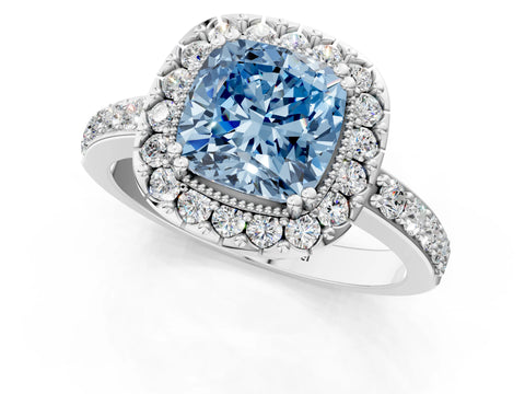 White gold Fancy Blue Cushion Cut Diamond Halo Ring with Pavé Band and Prong Setting_13