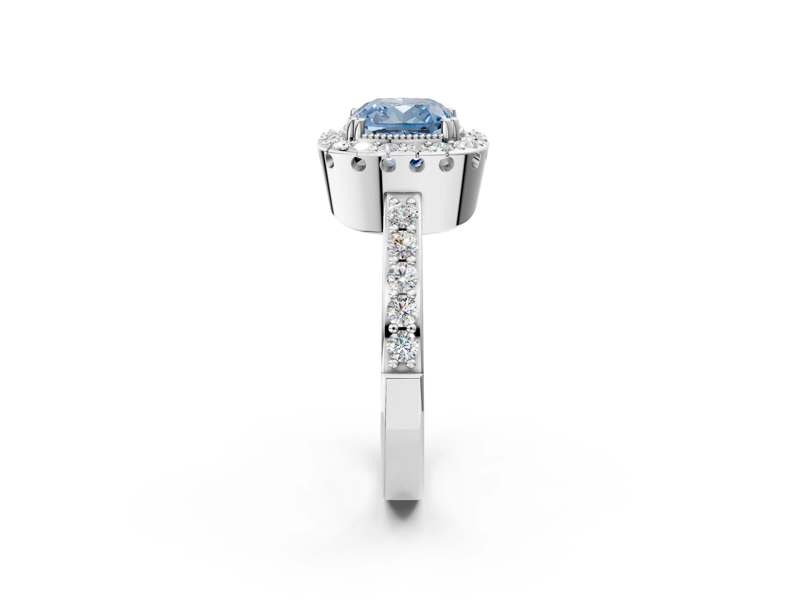 White gold Fancy Blue Cushion Cut Diamond Halo Ring with Pavé Band and Prong Setting_14