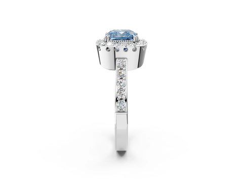 White gold Fancy Blue Cushion Cut Diamond Halo Ring with Pavé Band and Prong Setting_14