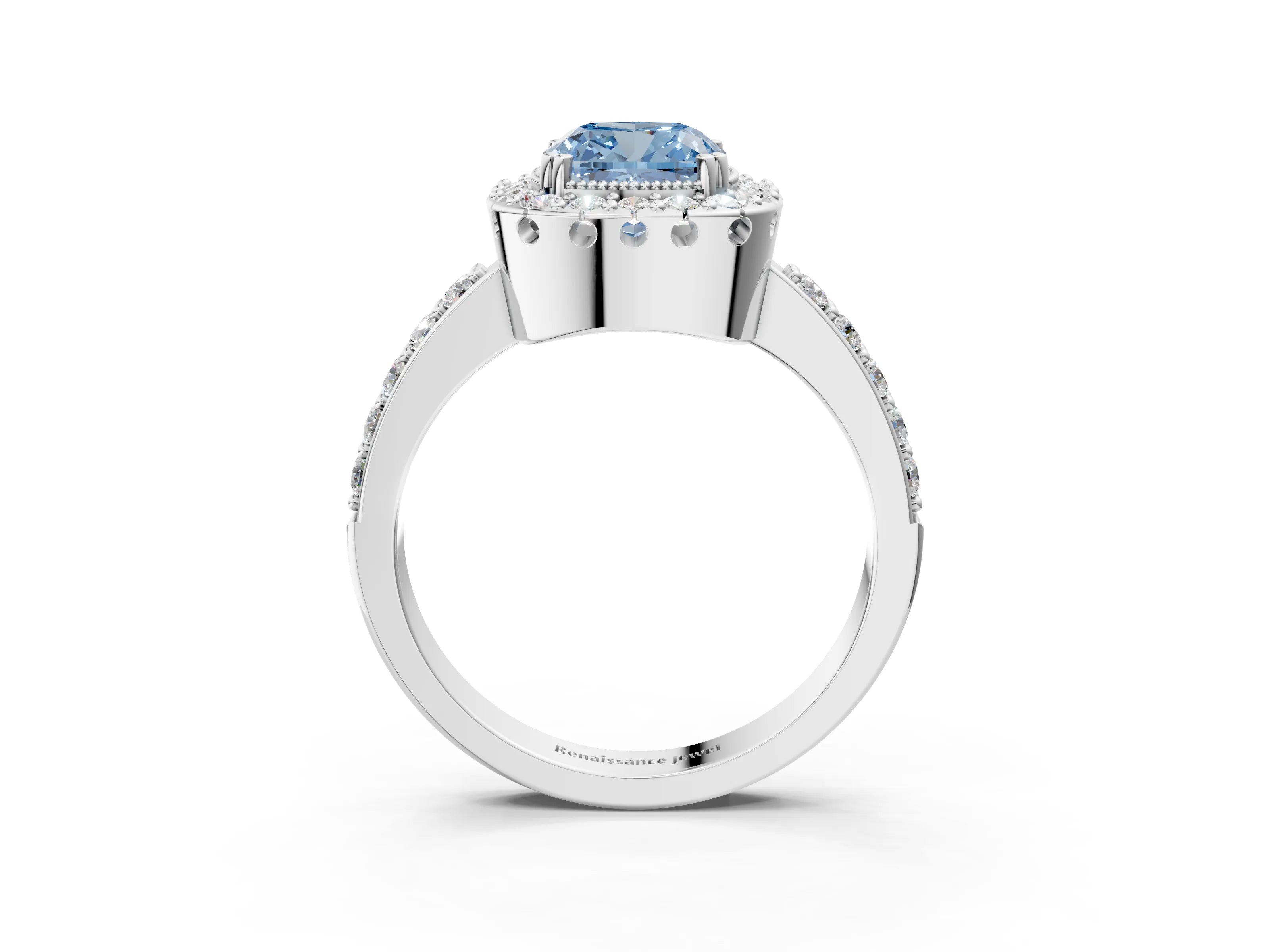 White gold Fancy Blue Cushion Cut Diamond Halo Ring with Pavé Band and Prong Setting_15
