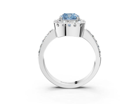 White gold Fancy Blue Cushion Cut Diamond Halo Ring with Pavé Band and Prong Setting_15