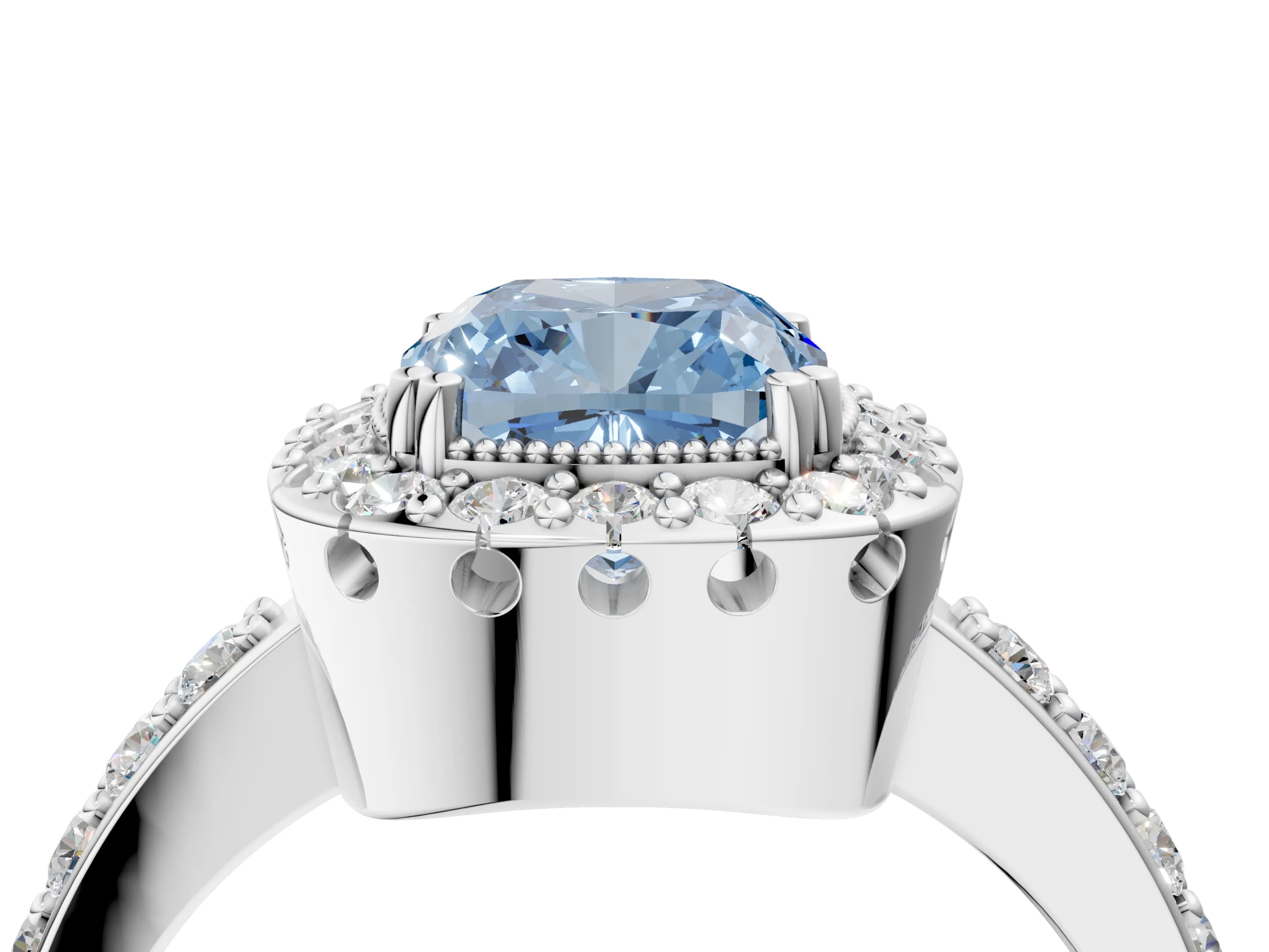 White gold Fancy Blue Cushion Cut Diamond Halo Ring with Pavé Band and Prong Setting_16