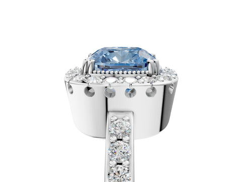 White gold Fancy Blue Cushion Cut Diamond Halo Ring with Pavé Band and Prong Setting_17