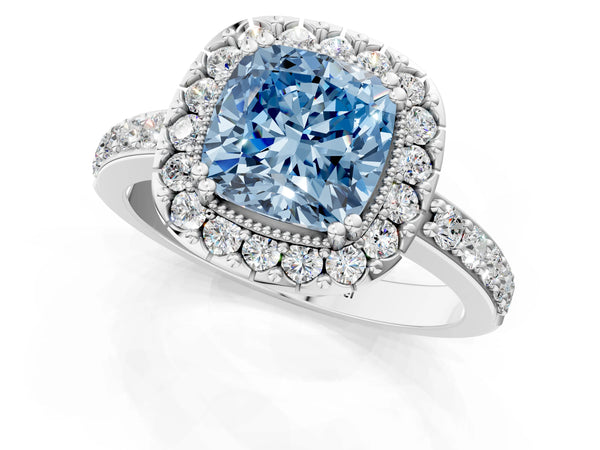 White gold Fancy Blue Cushion Cut Diamond Halo Ring with Pavé Band and Prong Setting