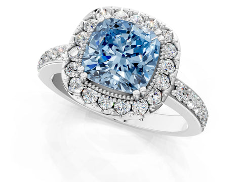 White gold Fancy Blue Cushion Cut Diamond Halo Ring with Pavé Band and Prong Setting_1