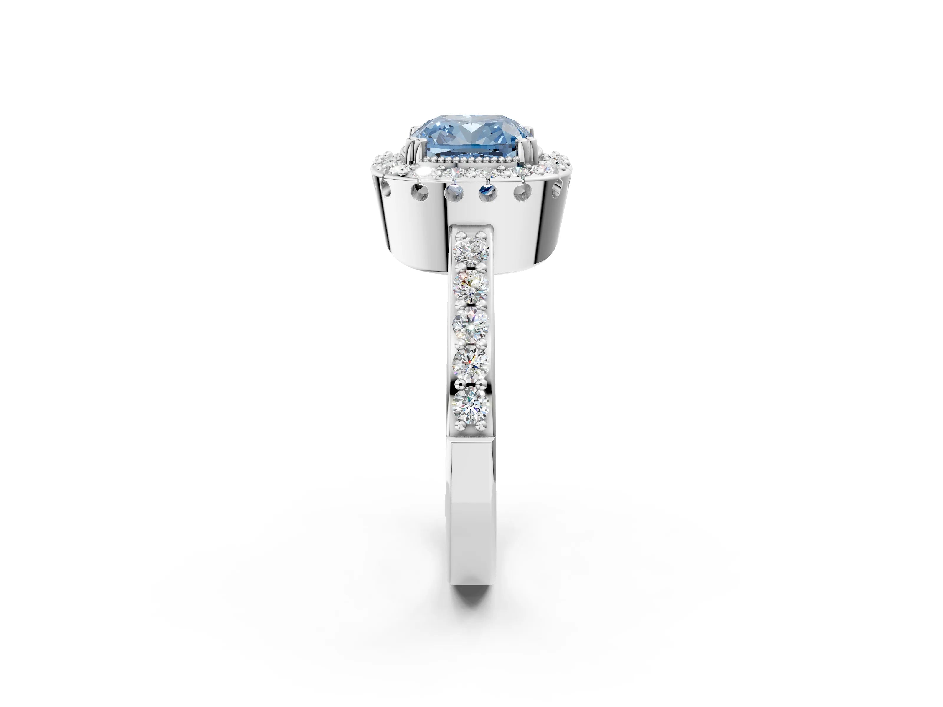 White gold Fancy Blue Cushion Cut Diamond Halo Ring with Pavé Band and Prong Setting_2