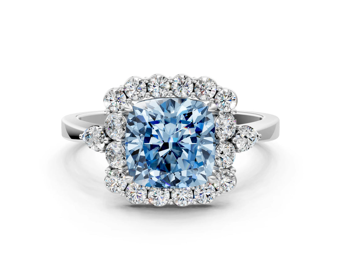 White gold Fancy Blue Cushion Cut Diamond Halo Ring with Pear Side Stones and Prong Setting_100