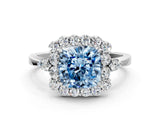 White gold Fancy Blue Cushion Cut Diamond Halo Ring with Pear Side Stones and Prong Setting_100