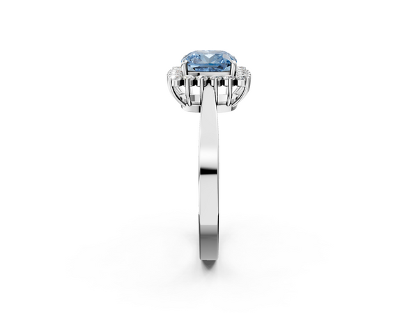 Platinum Fancy Blue Cushion  Cut Diamond Halo Ring with Round Brilliant Halo and Solitaire Band