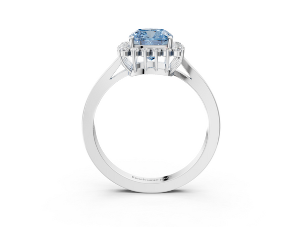Platinum Fancy Blue Cushion  Cut Diamond Halo Ring with Round Brilliant Halo and Solitaire Band