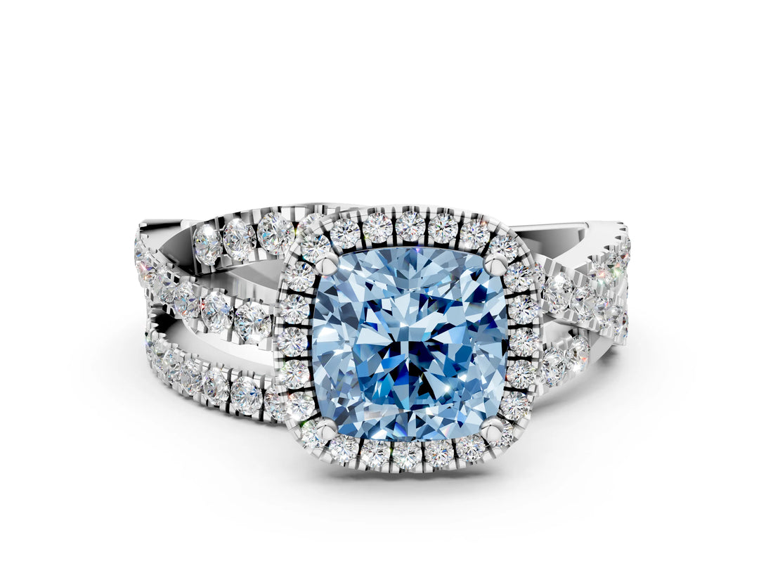 White gold Fancy Blue Cushion Cut Diamond Halo Ring with Round Split Shank and Prong Setting_18