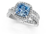 White gold Fancy Blue Cushion Cut Diamond Halo Ring with Round Split Shank and Prong Setting_19