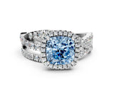 White gold Fancy Blue Cushion Cut Diamond Halo Ring with Round Split Shank and Prong Setting_78