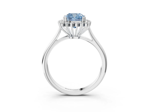 White gold Fancy Blue Cushion  Cut Diamond Halo Ring with Solitaire Band and Prong Setting