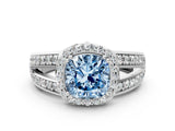 White gold Fancy Blue Cushion Cut Diamond Halo Ring with Split Shank Pavé Band and Four-Prong Setting_22