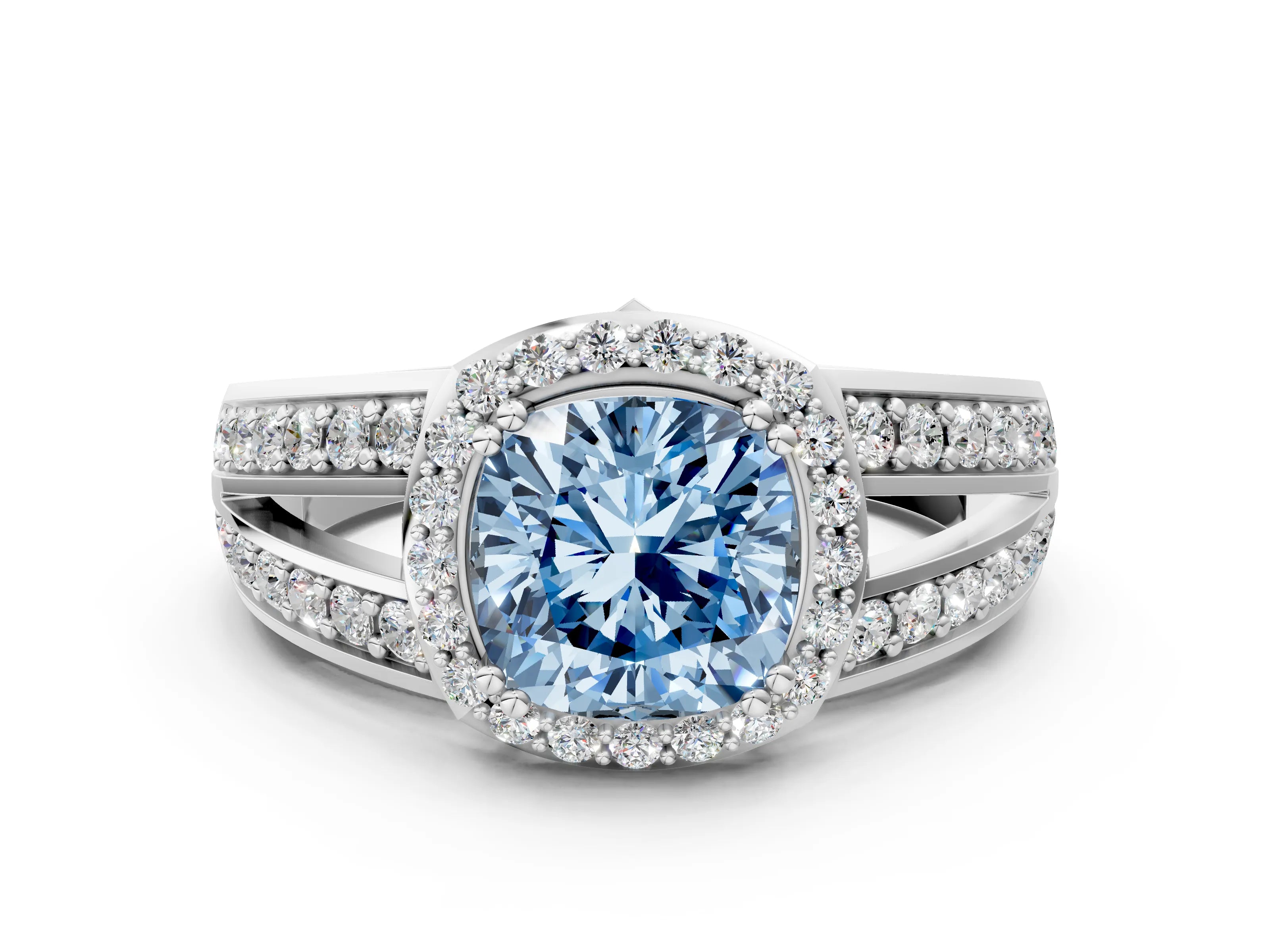 White gold Fancy Blue Cushion Cut Diamond Halo Ring with Split Shank Pavé Band and Four-Prong Setting_24