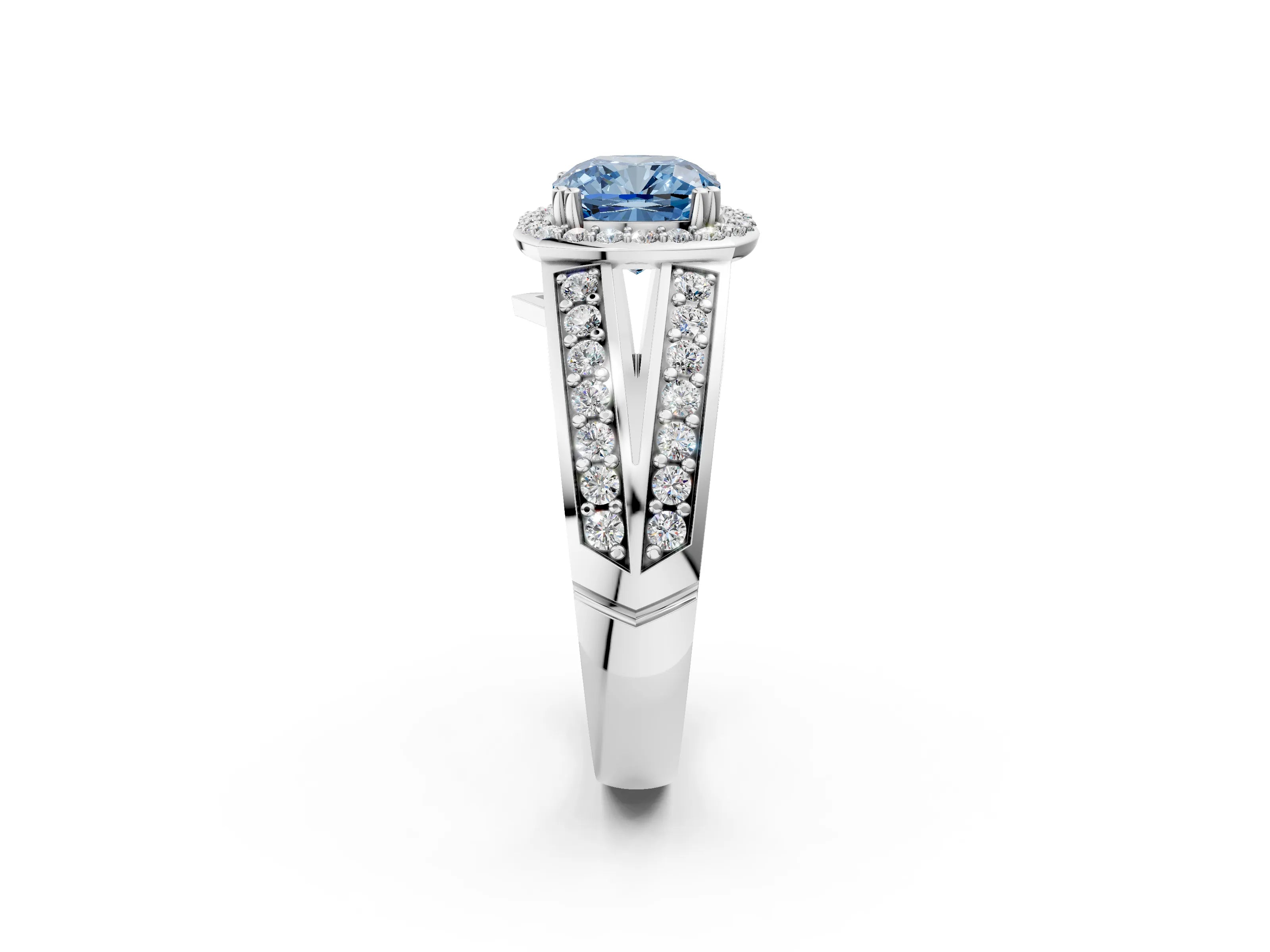 White gold Fancy Blue Cushion Cut Diamond Halo Ring with Split Shank Pavé Band and Four-Prong Setting_24