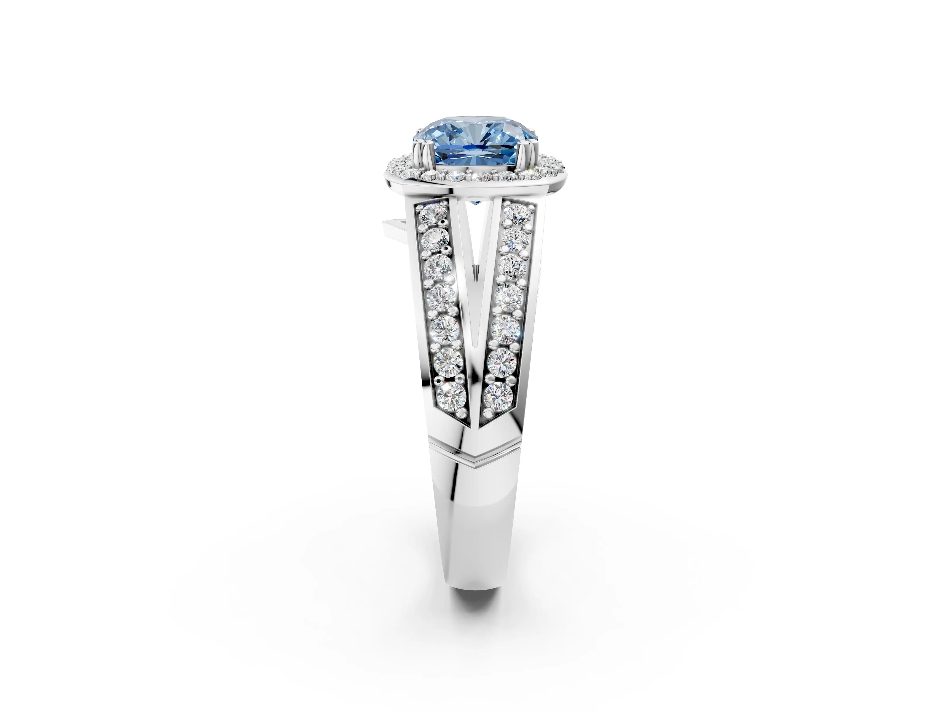 White gold Fancy Blue Cushion Cut Diamond Halo Ring with Split Shank Pavé Band and Four-Prong Setting_2