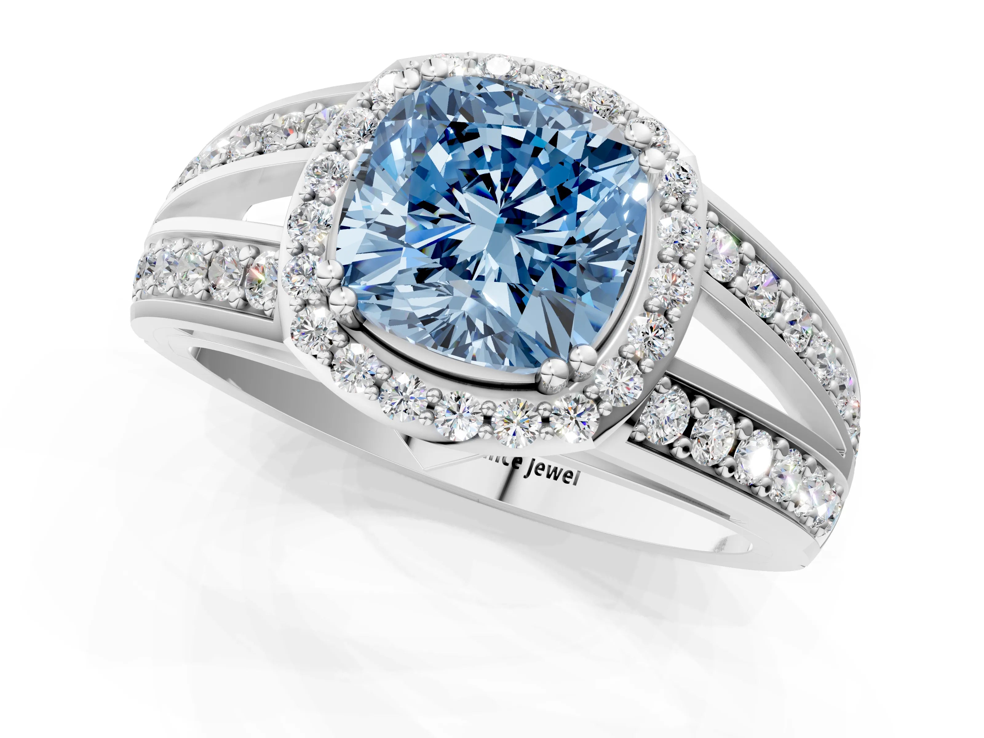 White gold Fancy Blue Cushion Cut Diamond Halo Ring with Split Shank Pavé Band and Four-Prong Setting_41