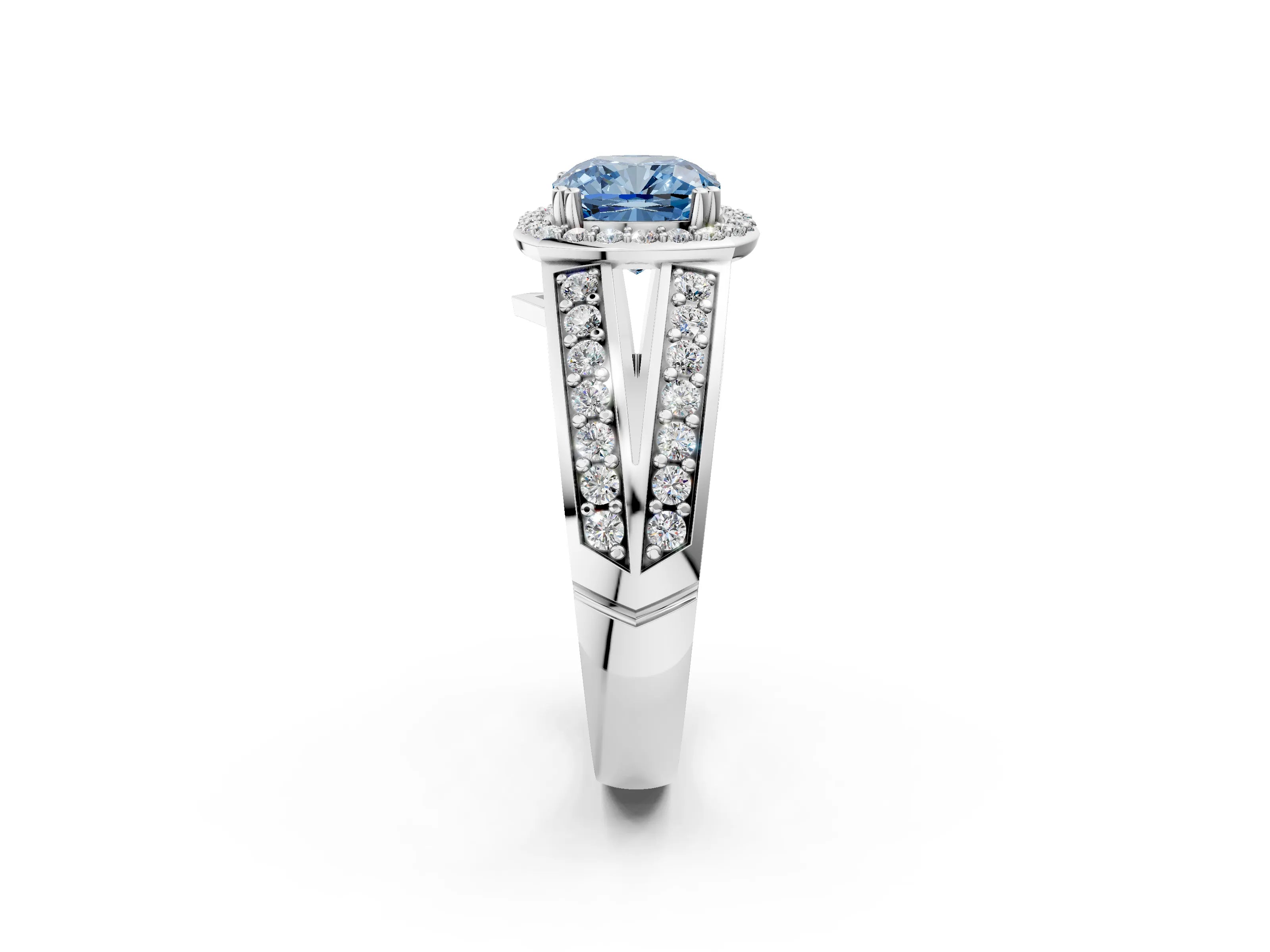 White gold Fancy Blue Cushion Cut Diamond Halo Ring with Split Shank Pavé Band and Four-Prong Setting_45
