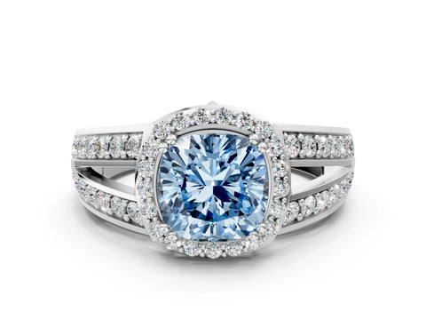 White gold Fancy Blue Cushion Cut Diamond Halo Ring with Split Shank Pavé Band and Four-Prong Setting_48