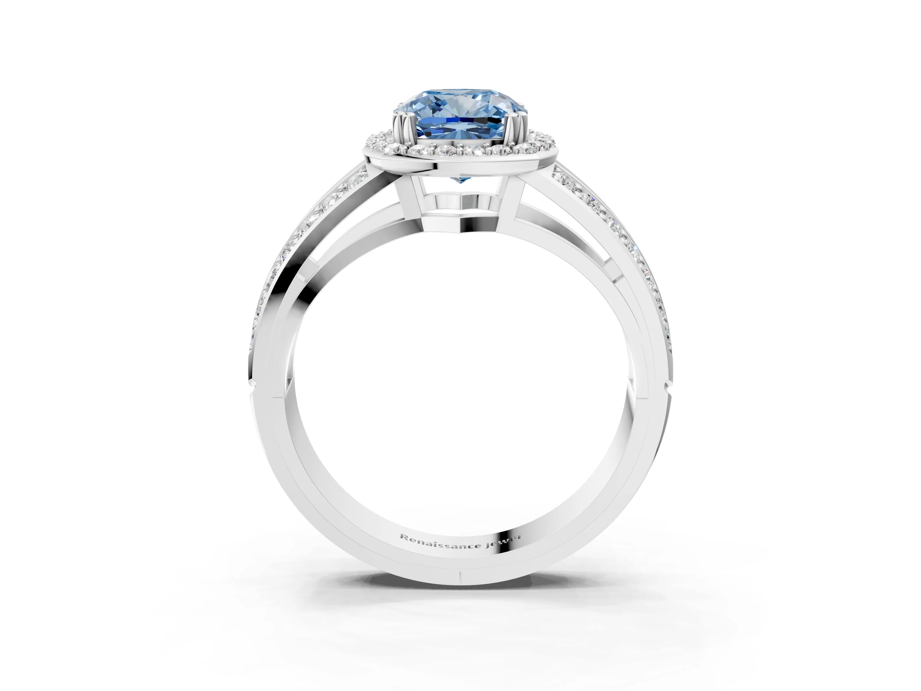 White gold Fancy Blue Cushion Cut Diamond Halo Ring with Split Shank Pavé Band and Four-Prong Setting_51