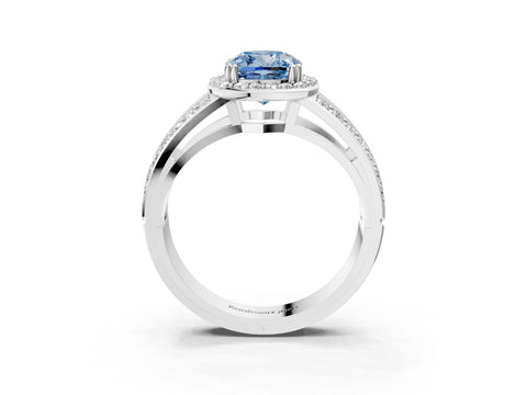 White gold Fancy Blue Cushion Cut Diamond Halo Ring with Split Shank Pavé Band and Four-Prong Setting_51