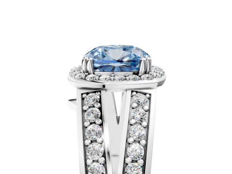 White gold Fancy Blue Cushion Cut Diamond Halo Ring with Split Shank Pavé Band and Four-Prong Setting_53