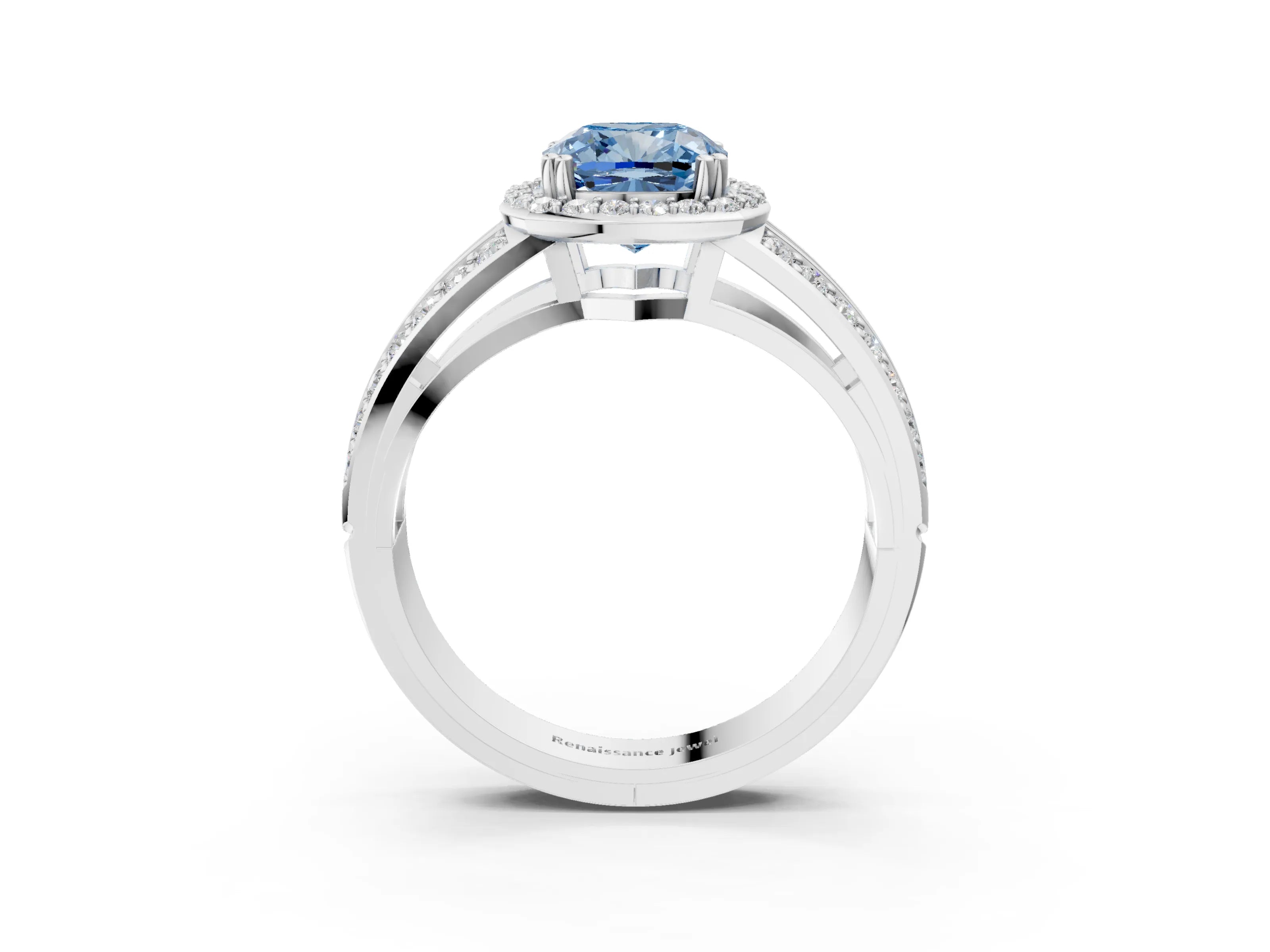 White gold Fancy Blue Cushion Cut Diamond Halo Ring with Split Shank Pavé Band and Four-Prong Setting_63