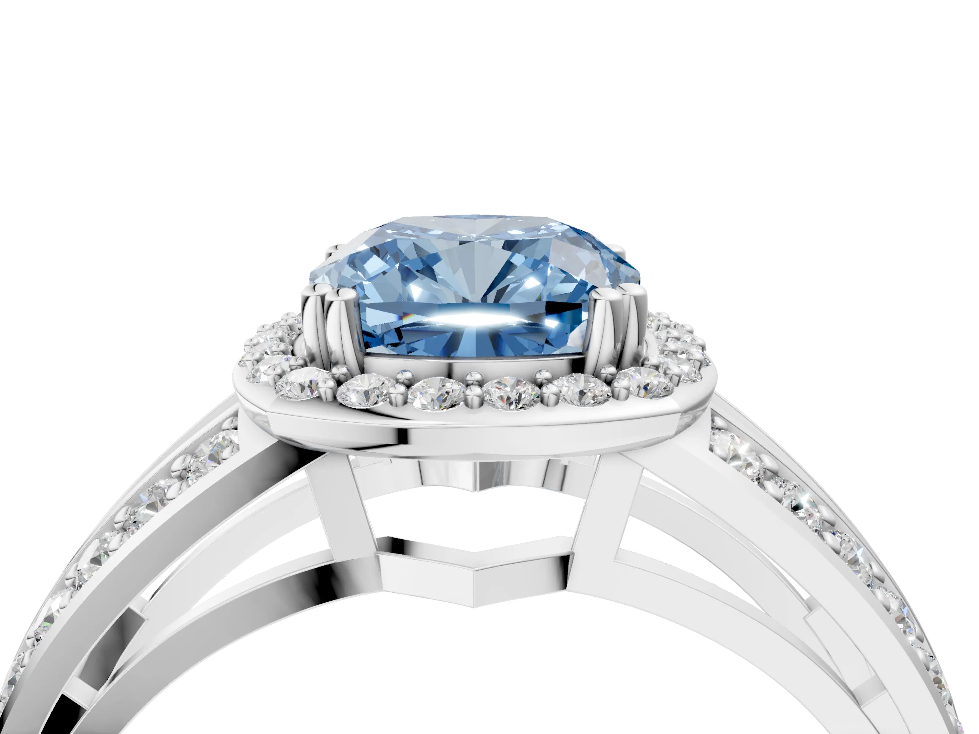 White gold Fancy Blue Cushion Cut Diamond Halo Ring with Split Shank Pavé Band and Four-Prong Setting_64